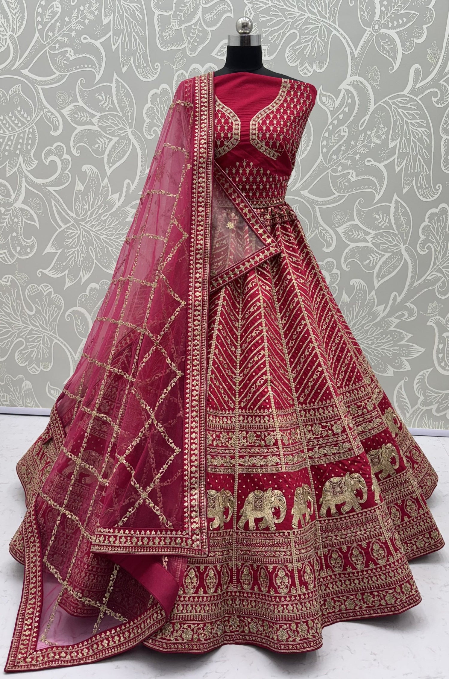 Rani Pink Pure Slubb Silk Premium Tatamie Zari Dori Embroidery Metalic Sequins Work Bridal Lehenga Choli