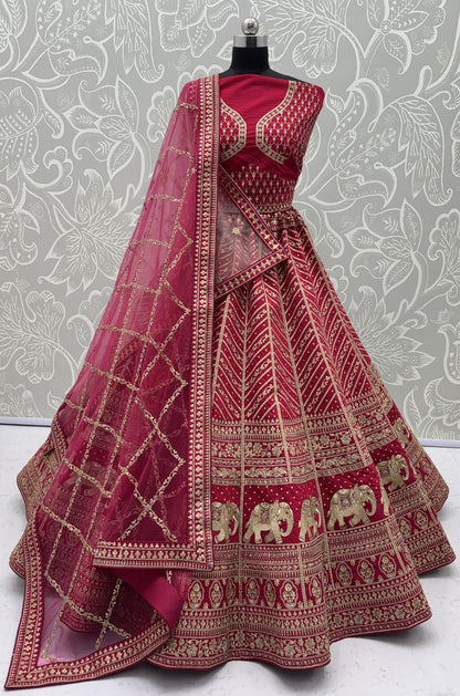 Rani Pink Pure Slubb Silk Premium Tatamie Zari Dori Embroidery Metalic Sequins Work Bridal Lehenga Choli