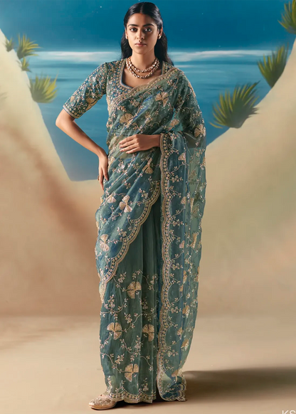 Aqua Blue Fancy Organza Silk Zari Embroidered Sequins With Bridal Saree 