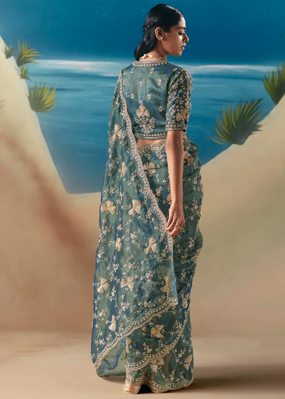 Aqua Blue Fancy Organza Silk Zari Embroidered Sequins With Bridal Saree 