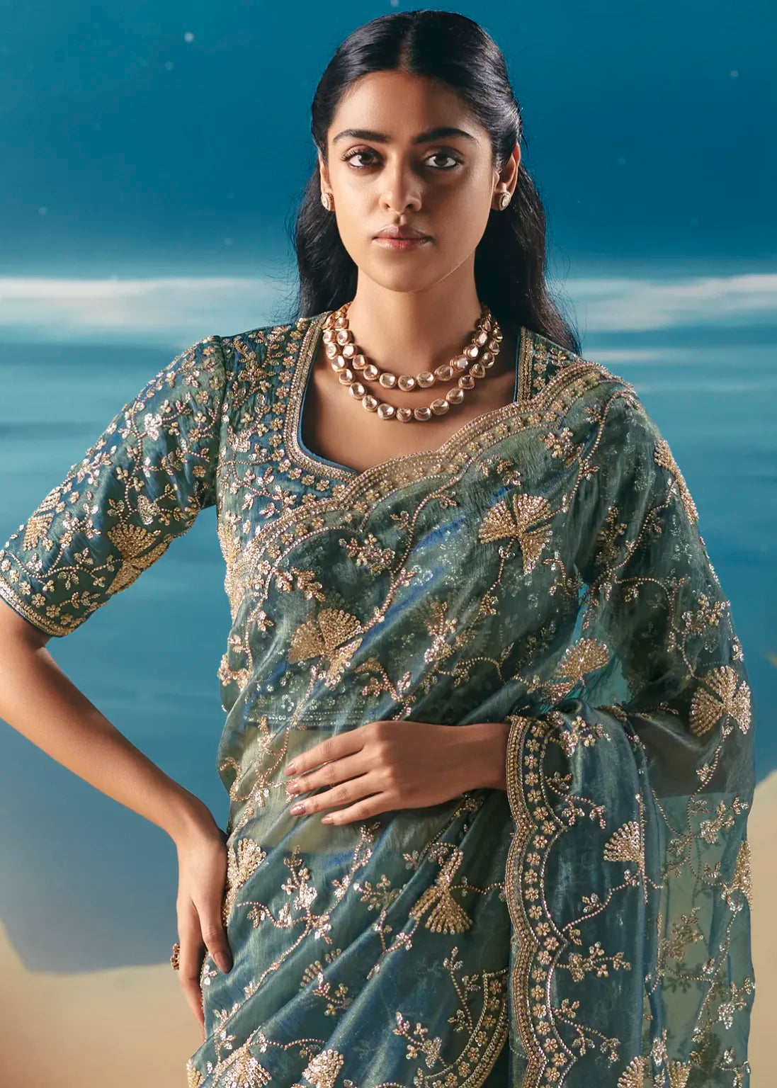 Aqua Blue Fancy Organza Silk Zari Embroidered Sequins With Bridal Saree 