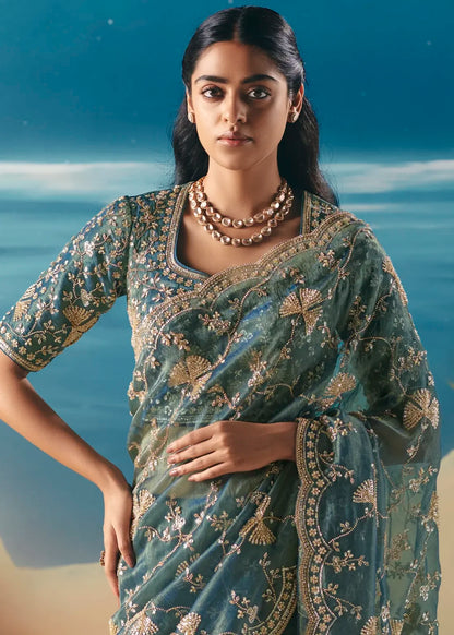 Aqua Blue Fancy Organza Silk Zari Embroidered Sequins With Bridal Saree 