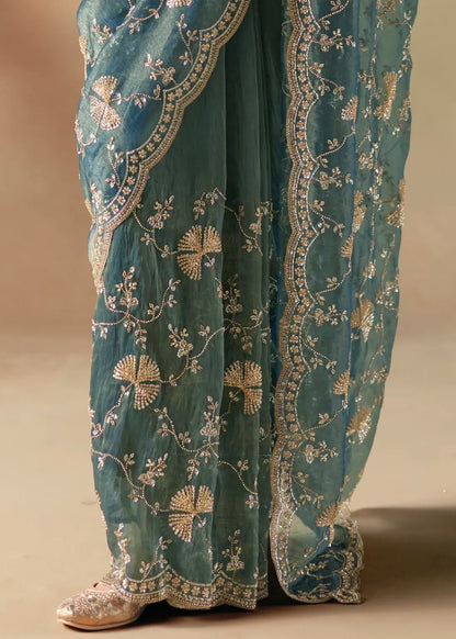 Aqua Blue Fancy Organza Silk Zari Embroidered Sequins With Bridal Saree 