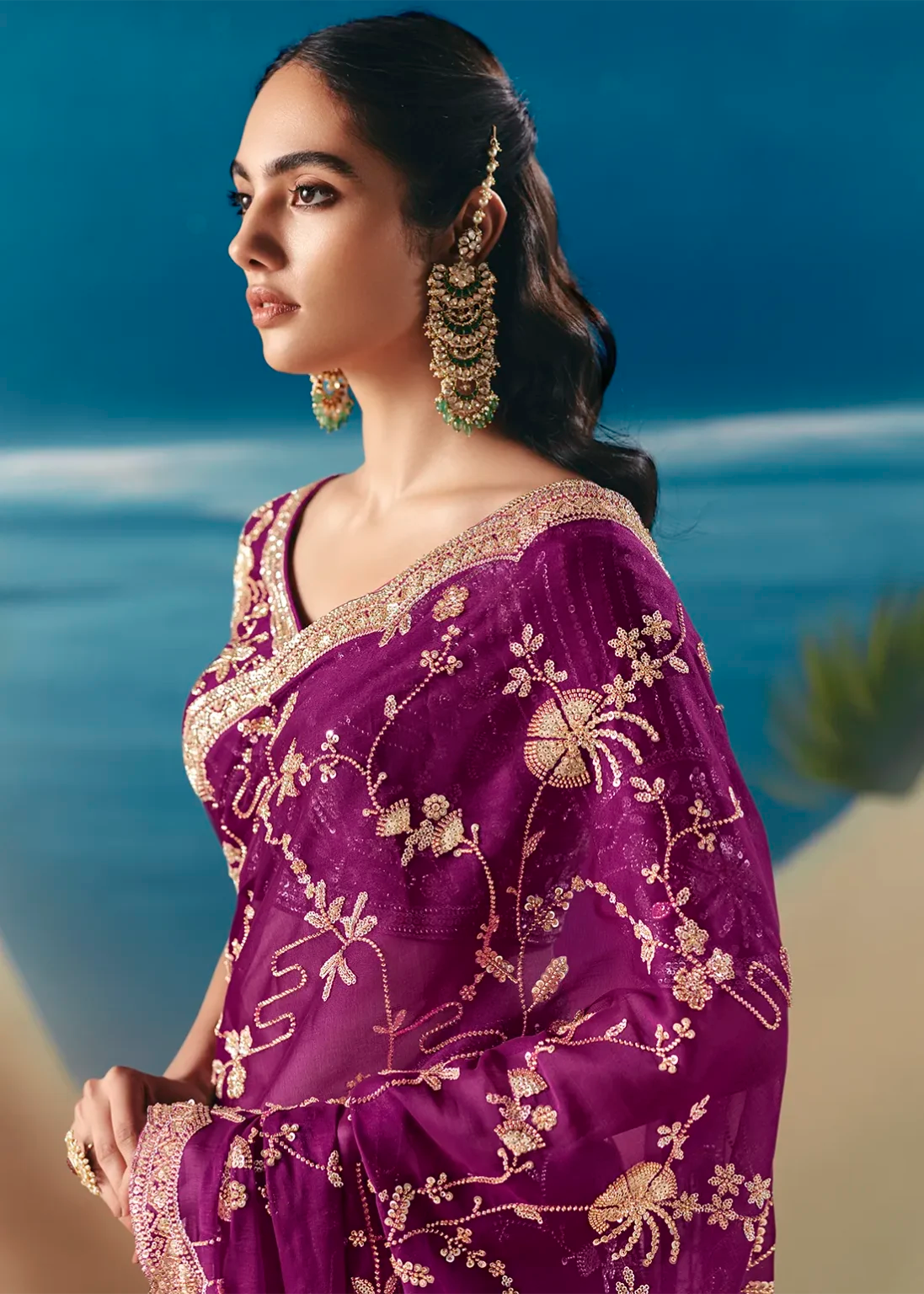 Purple Fancy Satin Organza Silk Zari Embroidered Sequins With Bridal Saree 