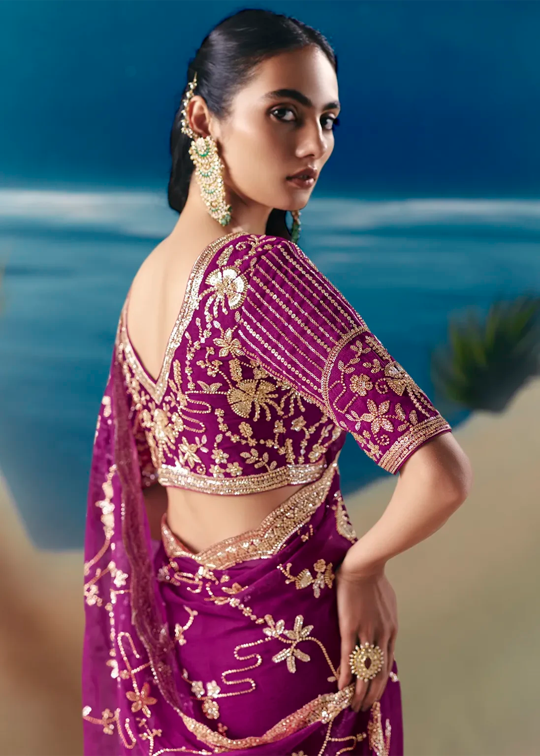 Purple Fancy Satin Organza Silk Zari Embroidered Sequins With Bridal Saree 