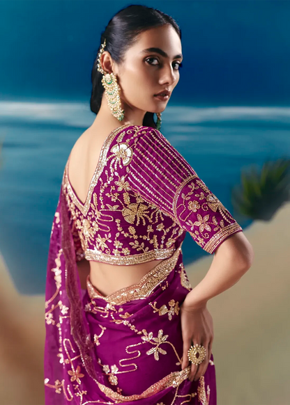 Purple Fancy Satin Organza Silk Zari Embroidered Sequins With Bridal Saree 