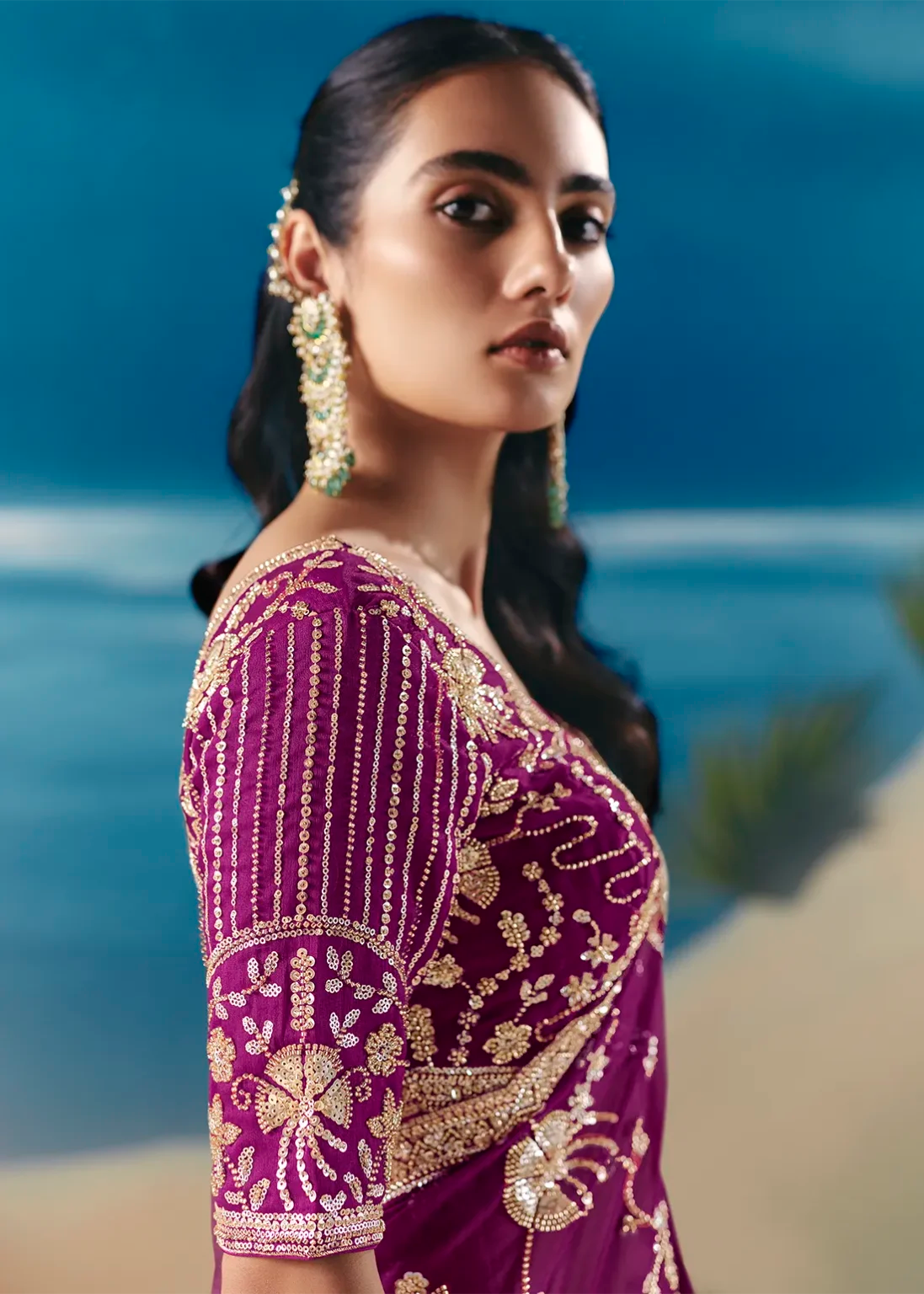 Purple Fancy Satin Organza Silk Zari Embroidered Sequins With Bridal Saree 