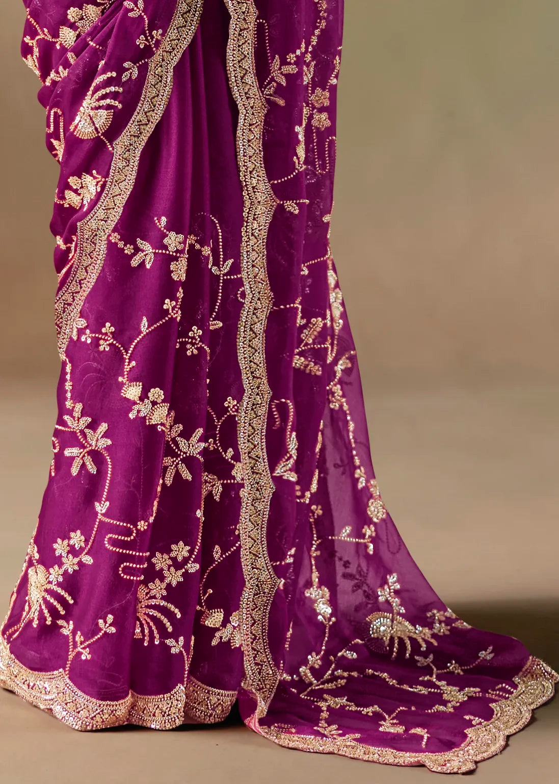 Purple Fancy Satin Organza Silk Zari Embroidered Sequins With Bridal Saree 