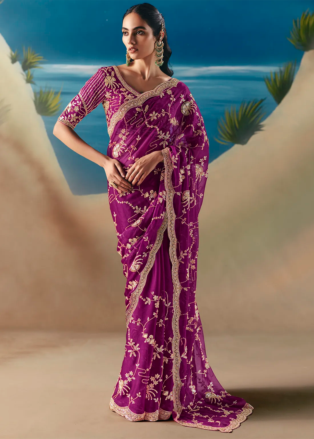 Purple Fancy Satin Organza Silk Zari Embroidered Sequins With Bridal Saree 