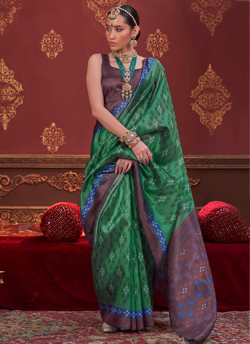 Green Pure Soft P.C Silk Ikkat Print Saree 