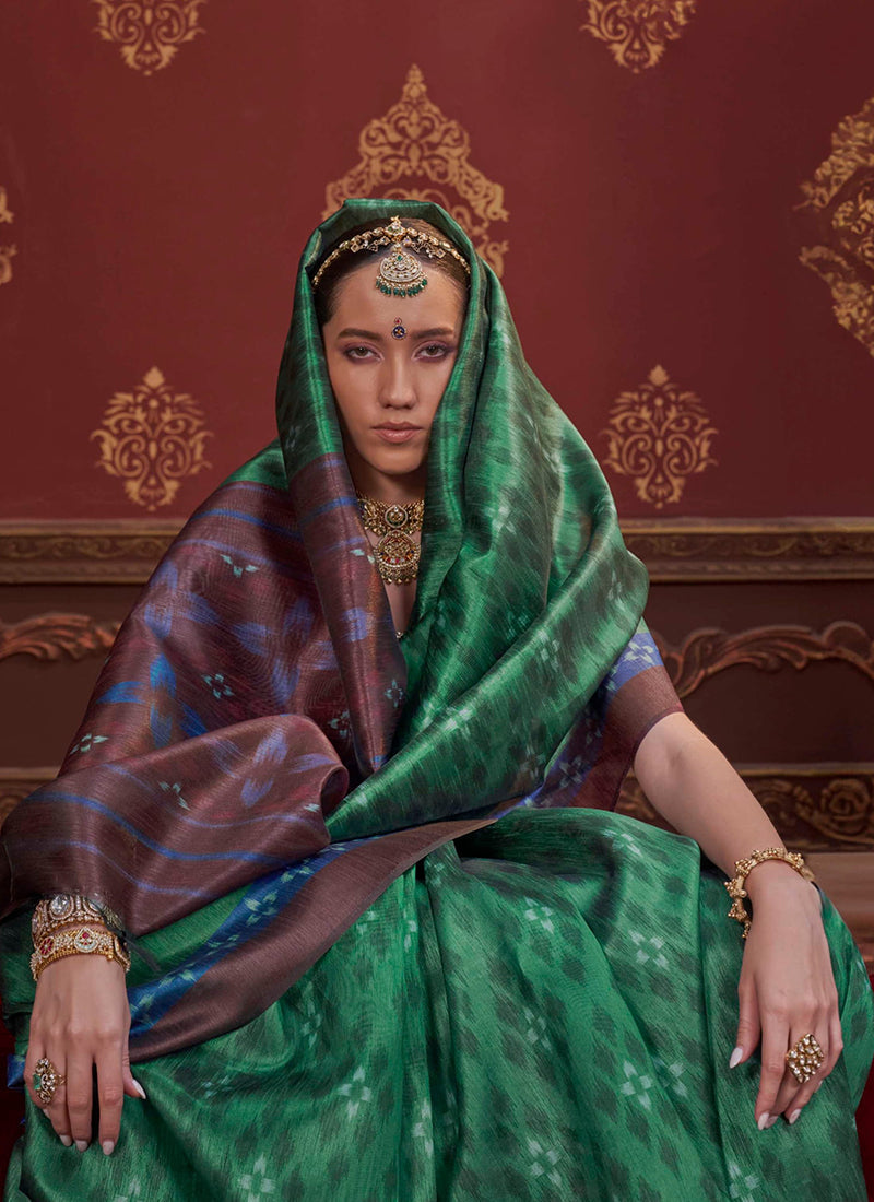 Green Pure Soft P.C Silk Ikkat Print Saree 