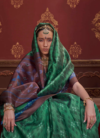 Green Pure Soft P.C Silk Ikkat Print Saree 