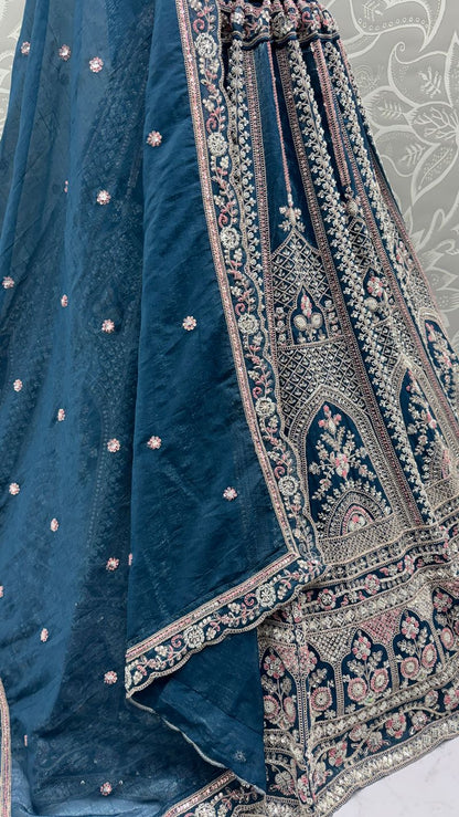 Midnight Blue Pure Soft Satin Silk Heavy Embroidery Work Bridal Lehenga