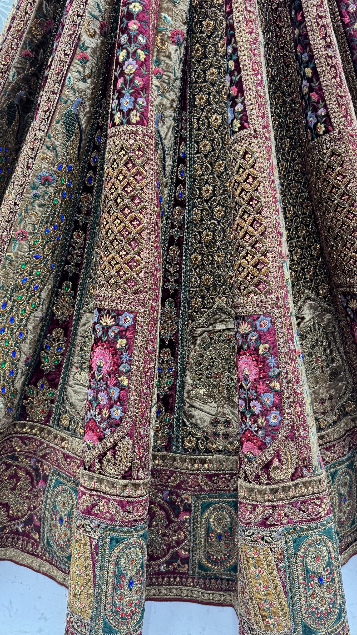 Maroon Pure Velvet Heavy Embroidery Patch Work &amp; Sequins Thread Work Bridal Lehenga Chol