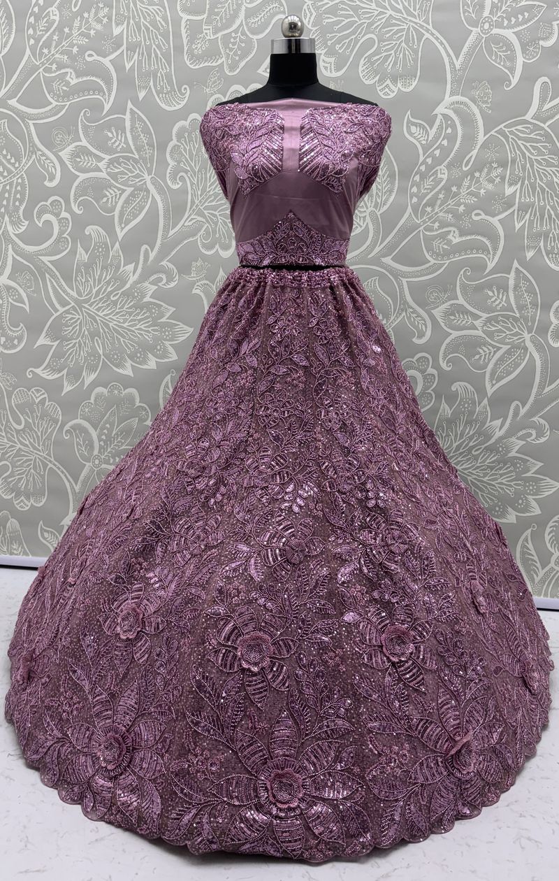 Lavender Pure Soft Net Heavy Embroidery Work Bridal Lehenga