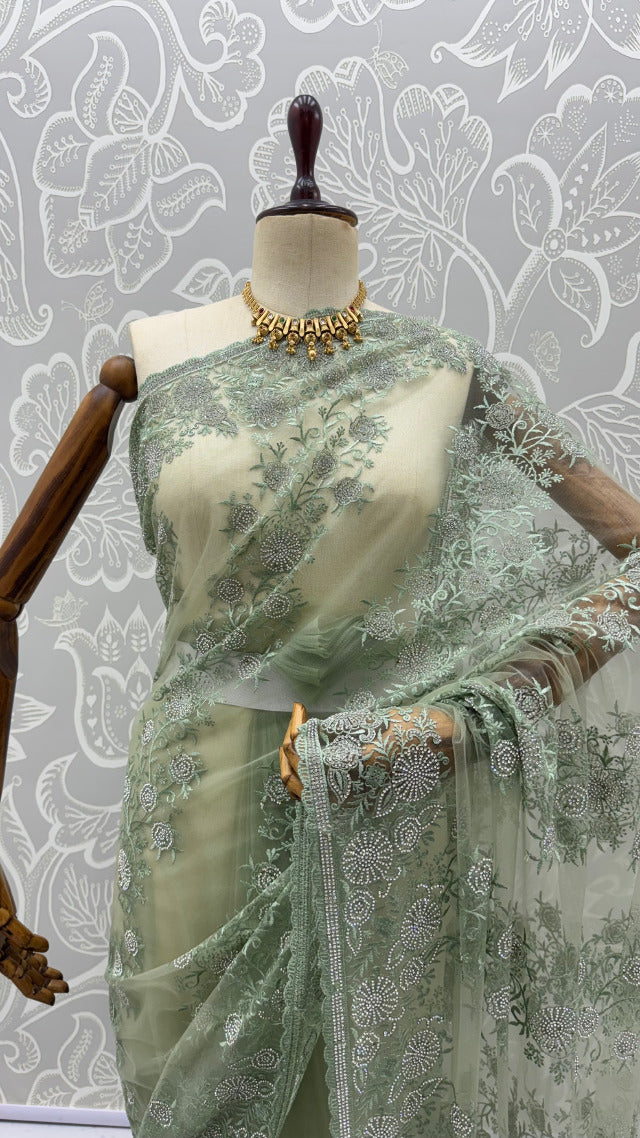 Olive Green Pure Premium Net Handwork Kasti &amp; Motif Zari Metallic Sequins Work Wedding Saree