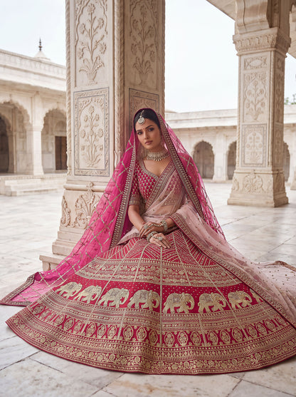 Rani Pink Pure Slubb Silk Premium Tatamie Zari Dori Embroidery Metalic Sequins Work Bridal Lehenga Choli