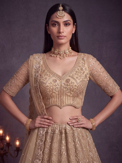 Chiku Pure Heavy Net Motif Handwork Zari Sequins Work Bridal Lehenga Choli