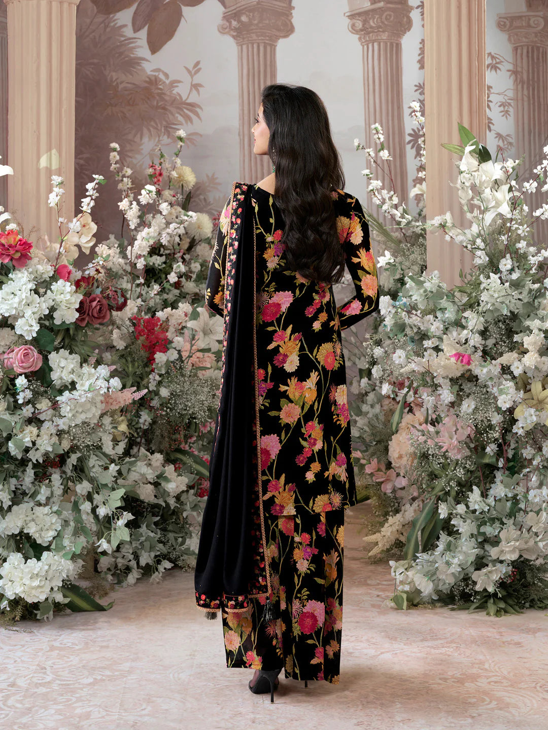 Black Sharara Suit in Chinon Floral Printed with Dupatta by Anant Exports