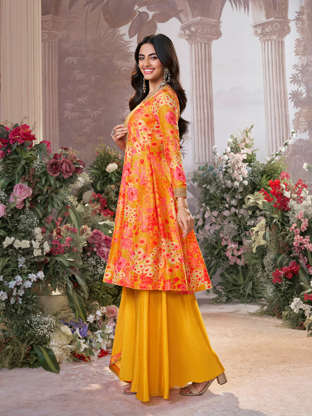 Mustard silk sharara suit with digital print kurta and festive dupatta

