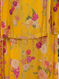 Mustard yellow chinon sharara suit with matching dupatta and tassels

