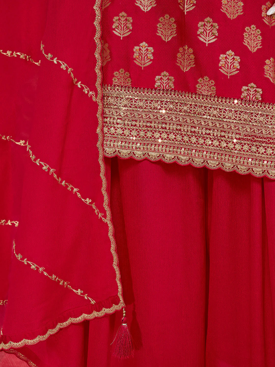 Red sharara suit with sequins embroidered yoke and daman

