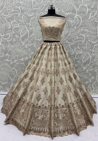White Pure Soft Heavy Silk Sequins Embroidery Work Bridal Lehenga 
