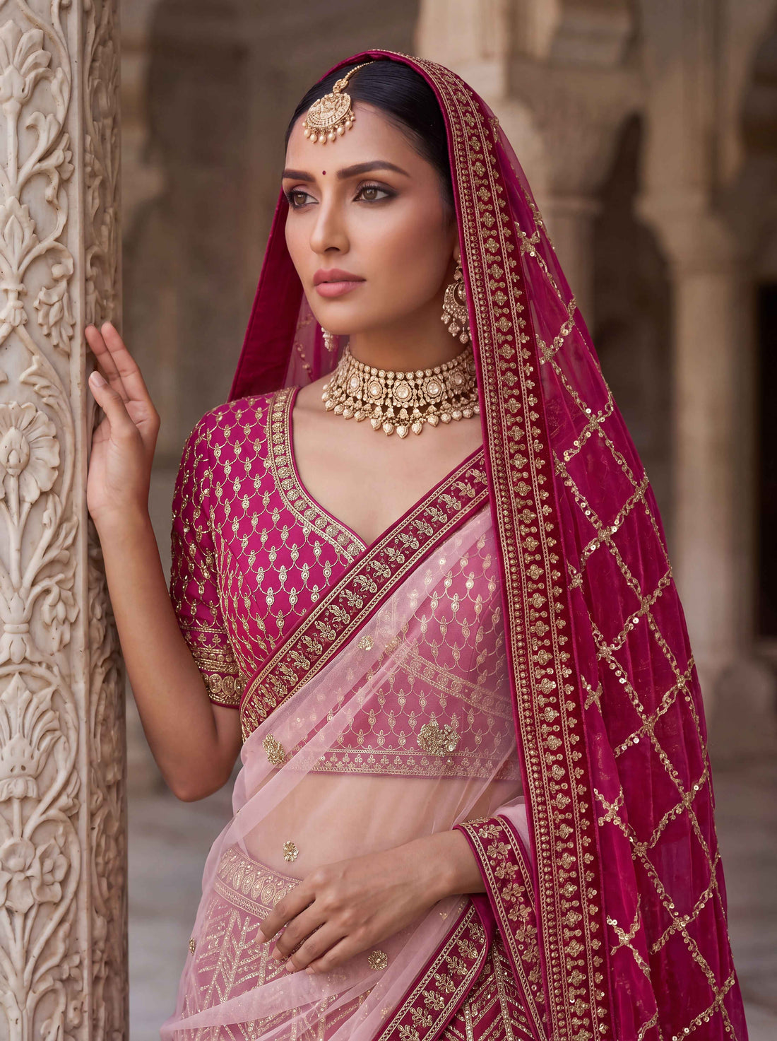 Rani Pink Pure Slubb Silk Premium Tatamie Zari Dori Embroidery Metalic Sequins Work Bridal Lehenga Choli