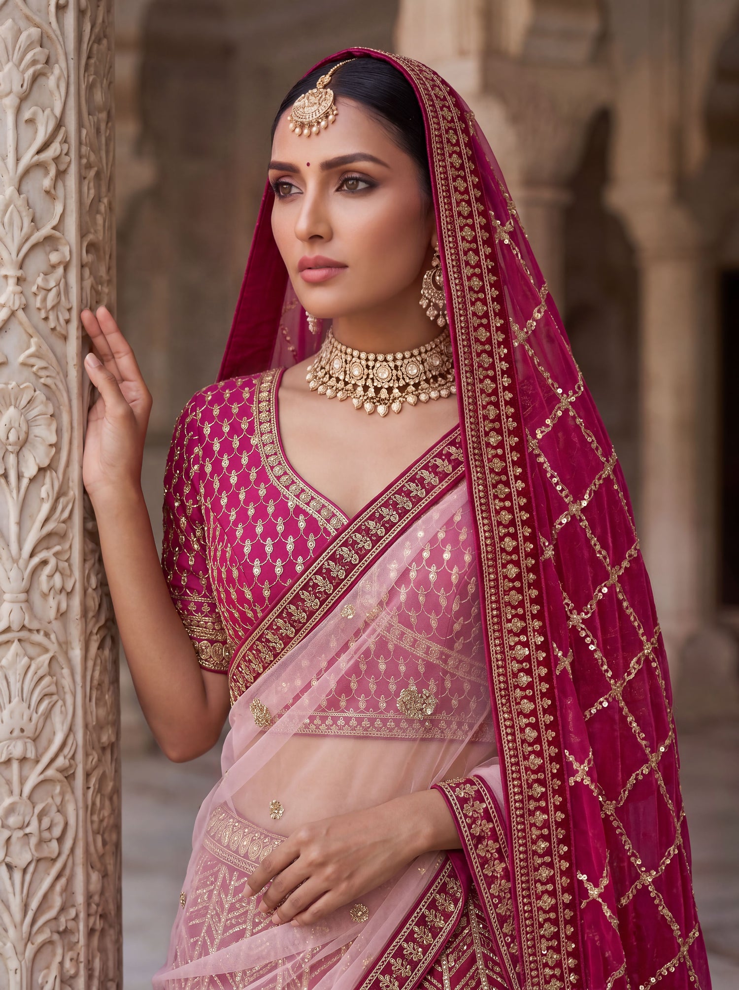 Rani Pink Pure Slubb Silk Premium Tatamie Zari Dori Embroidery Metalic Sequins Work Bridal Lehenga Choli