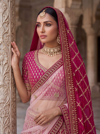 Rani Pink Pure Slubb Silk Premium Tatamie Zari Dori Embroidery Metalic Sequins Work Bridal Lehenga Choli