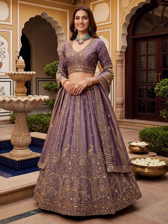 Orchid Pure Soft Heavy Fendi Orgenza Sequins Embroidery Work Bridal Lehenga 