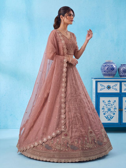 Pink Pure Chandnia Silk Handwork Motif Peacock Pattern Crystal Beads Multi Thread Dori &amp; Sequins Work Bridal Lehenga Choli