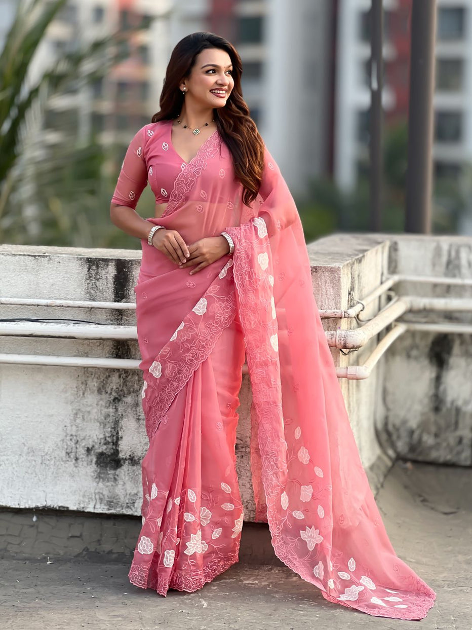 Pink Pure Chandra Kora Silk Floral Embroidery Cutwork Saree ##color## Kora Silk Saree with premium fabric and embroidery