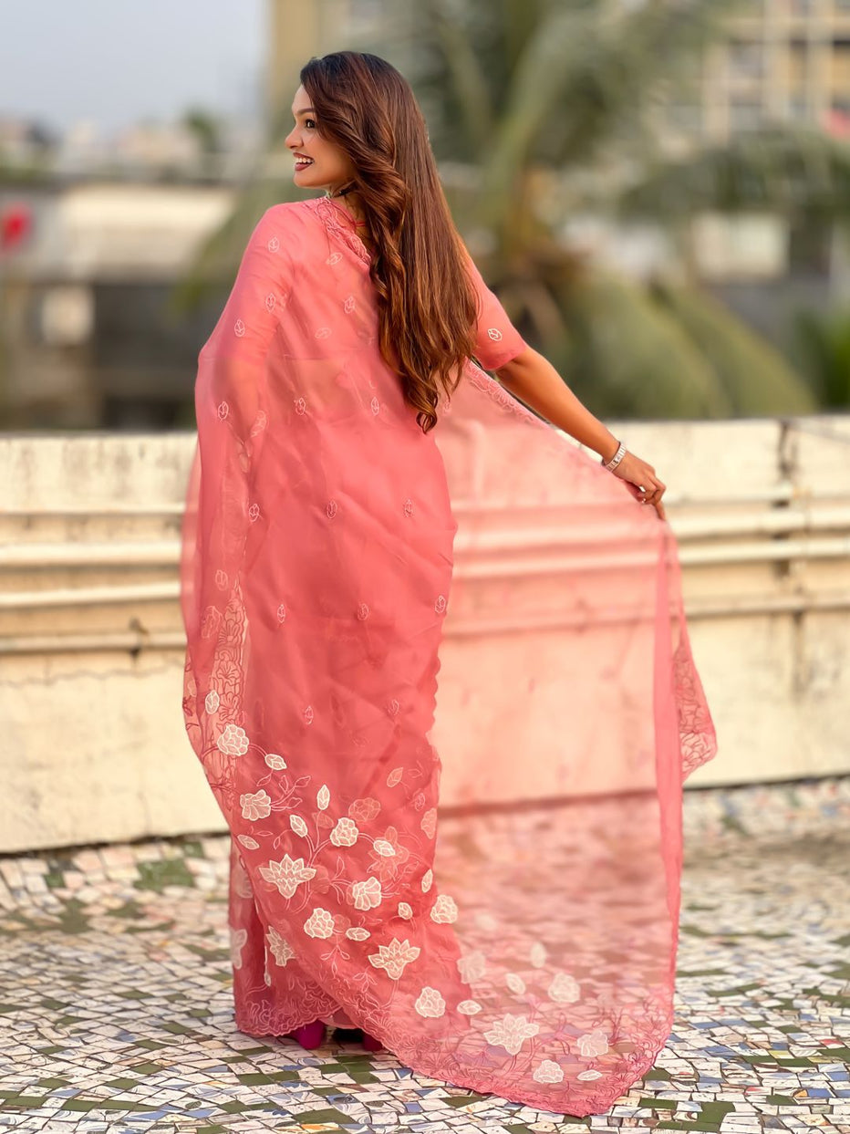 Pink Pure Chandra Kora Silk Floral Embroidery Cutwork Saree ##color## Kora Silk Saree with premium fabric and embroidery
