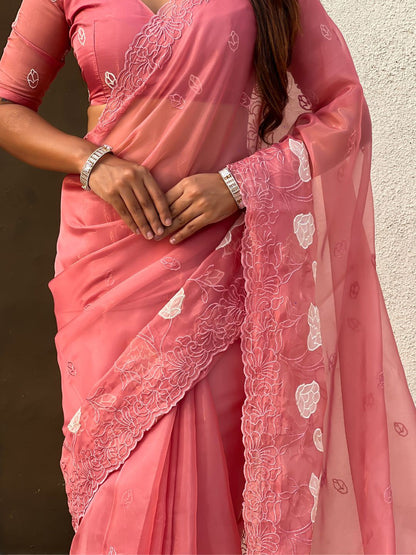 Pink Pure Chandra Kora Silk Floral Embroidery Cutwork Saree 