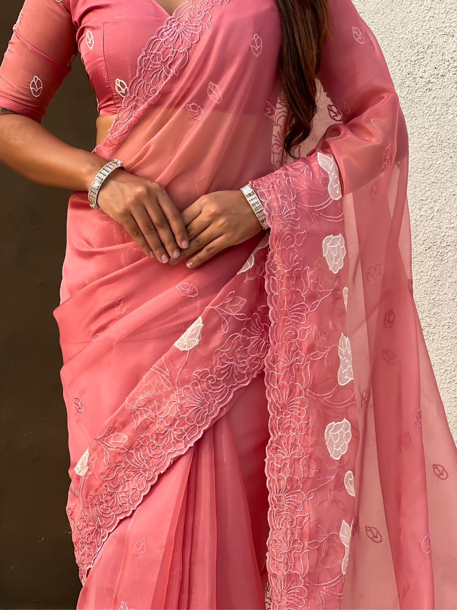 Pink Pure Chandra Kora Silk Floral Embroidery Cutwork Saree ##color## Kora Silk Saree with premium fabric and embroidery