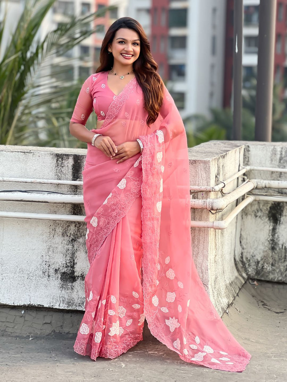 Pink Pure Chandra Kora Silk Floral Embroidery Cutwork Saree 