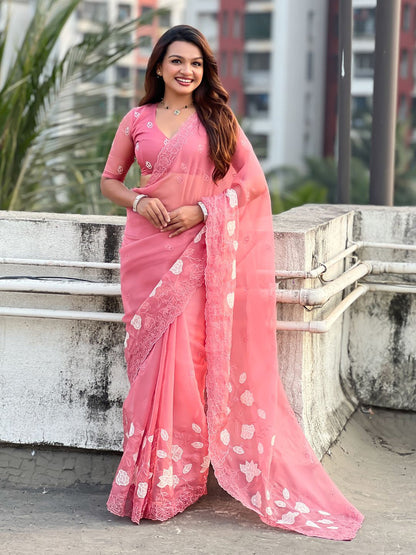 Pink Pure Chandra Kora Silk Floral Embroidery Cutwork Saree 