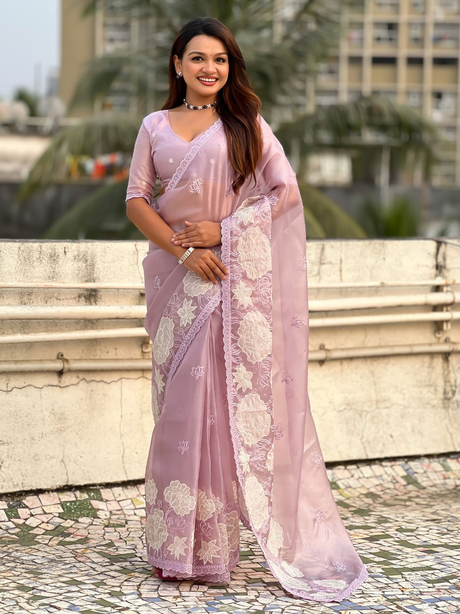 Lavender Pure Oris Silk with Lotus Embroidery & Cutwork Border Saree ##color## Cutwork Border Saree with premium fabric and embroidery