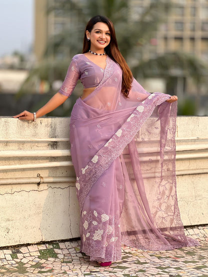 Mauve Pure Chandra Kora Silk Floral Embroidery Cutwork Saree 