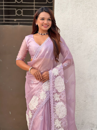Lavender Pure Oris Silk with Lotus Embroidery &amp; Cutwork Border Saree 