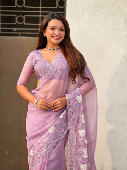 Mauve Pure Chandra Kora Silk Floral Embroidery Cutwork Saree 