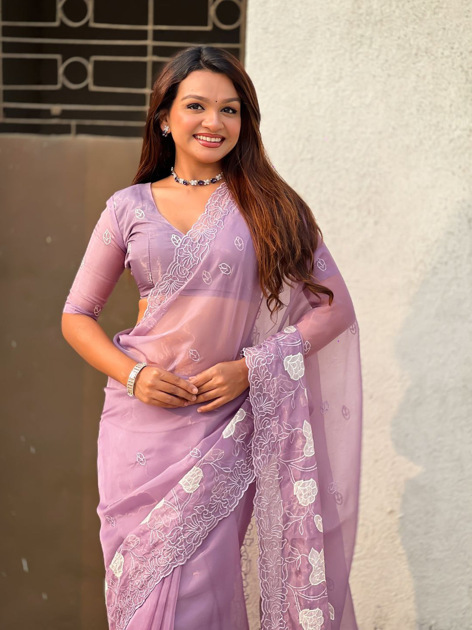 Mauve Pure Chandra Kora Silk Floral Embroidery Cutwork Saree ##color## Kora Silk Saree with premium fabric and embroidery
