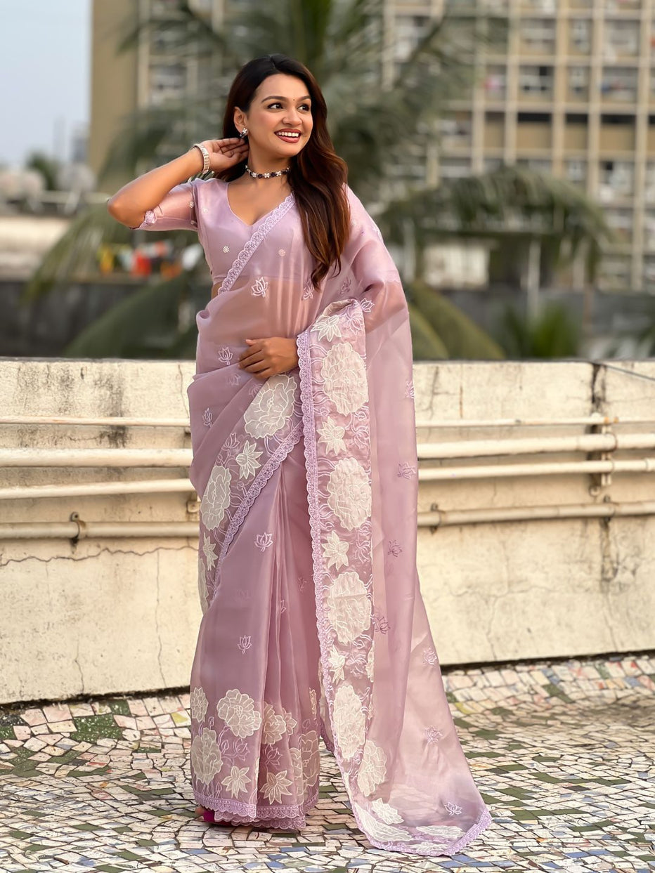 Lavender Pure Oris Silk with Lotus Embroidery &amp; Cutwork Border Saree 