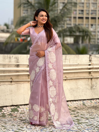 Lavender Pure Oris Silk with Lotus Embroidery &amp; Cutwork Border Saree 
