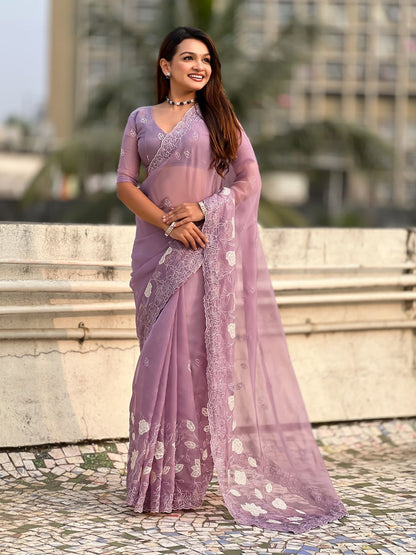 Mauve Pure Chandra Kora Silk Floral Embroidery Cutwork Saree 