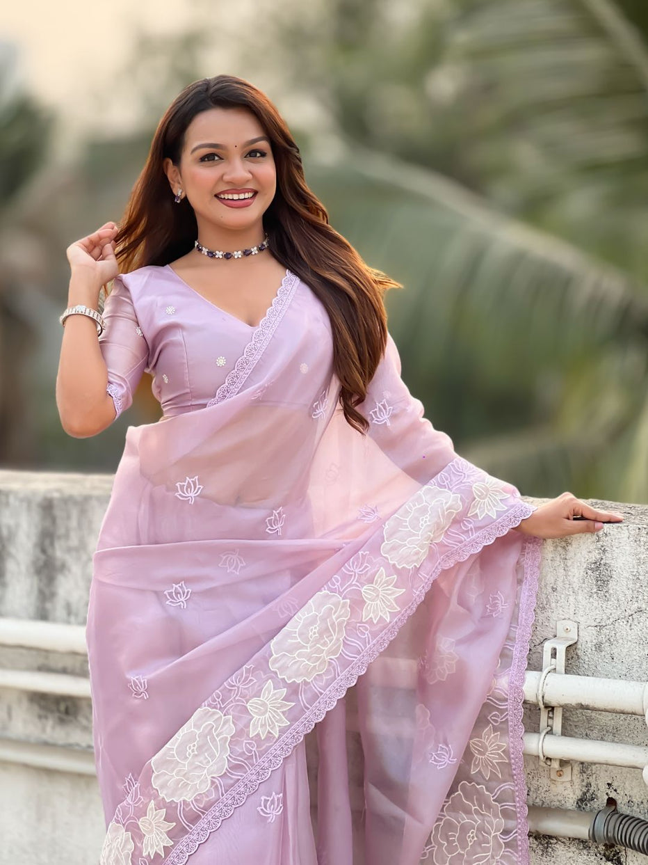 Lavender Pure Oris Silk with Lotus Embroidery &amp; Cutwork Border Saree 