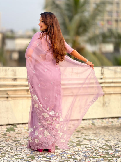 Mauve Pure Chandra Kora Silk Floral Embroidery Cutwork Saree 