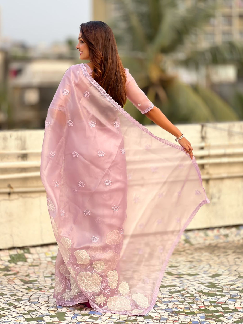 Lavender Pure Oris Silk with Lotus Embroidery &amp; Cutwork Border Saree 