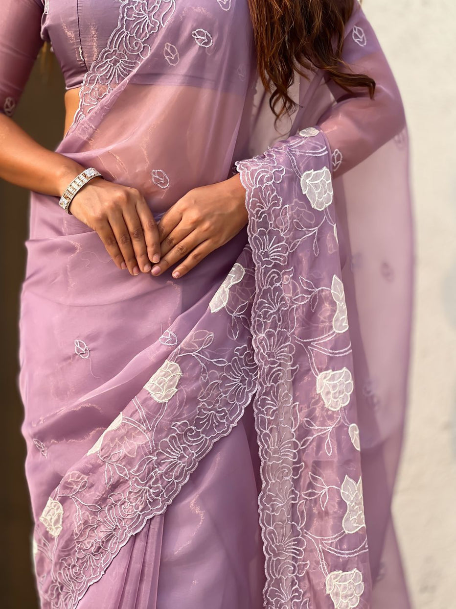 Mauve Pure Chandra Kora Silk Floral Embroidery Cutwork Saree 